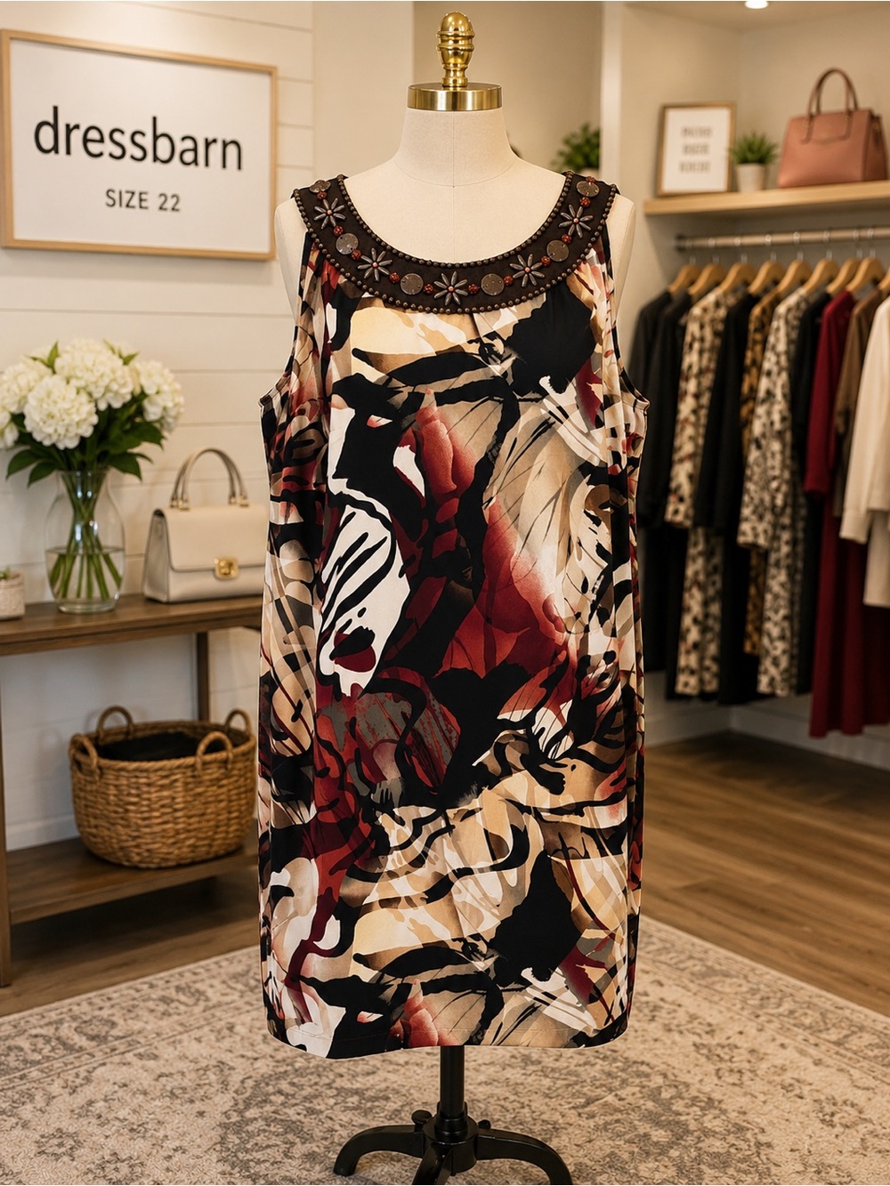 Dressbarn Size 22 Plus Size Abstract Print Embellished Neckline Sleeveless Dress